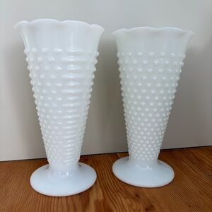 Vintage Large Milk Glass Hobnail 9.5” Vases - Set of 2